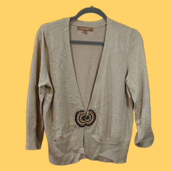 Ellen Tracy Gold Metallic Sparkly Medallion Beaded Cardigan Sweater LG - Picture 1 of 9